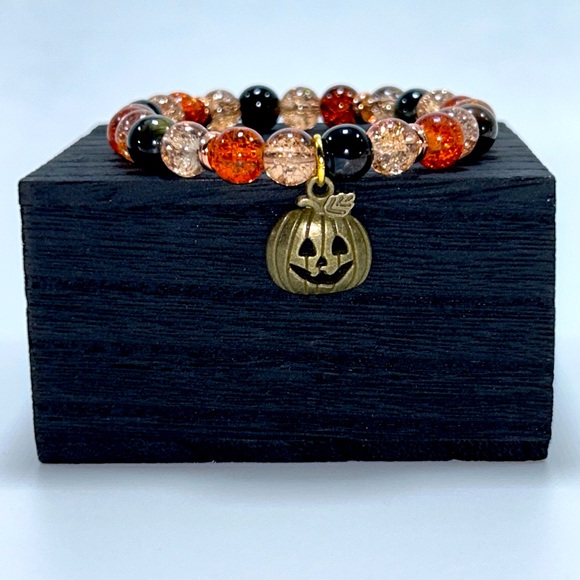 Handmade Halloween Pumpkin Charm Bracelet with Natural Tiger Eye Stones! - Picture 2 of 9